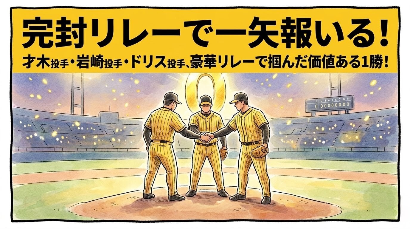 マウンドでガッチリと握手を交わす3人の投手たちの後ろ姿。背景には巨大な「0」の数字が輝き、上部には「完封リレーで一矢報いる！」という大きなデカ文字が入った1コマ漫画風アイキャッチ。16:9。