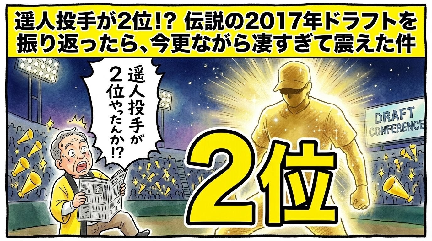 「遥人投手が2位！？ 2017年ドラフトを振り返る」という巨大なデカ文字。巨大な2位の数字とお父ちゃんの驚く1コマ漫画。背景には黄金シルエットの高橋遥人投手。温かみのある水彩・色鉛筆風。16:9。ロゴなし。