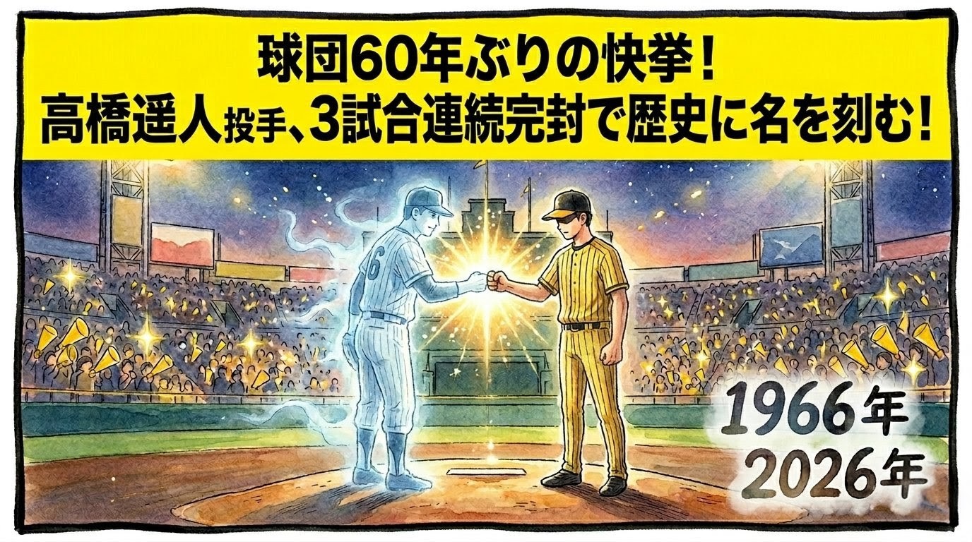 「球団60年ぶりの快挙！」という巨大なデカ文字。現代の投手と60年前の伝説の投手の魂がマウンドでグータッチを交わす神々しい1コマ漫画。温かみのある水彩・色鉛筆風。16:9。ロゴなし。