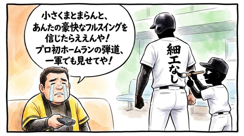 若き打者の背中に筆で「細工なし」と書き込む指導者のシルエットと、それを見てリビングで大粒の涙を流して感動する黄色い法被姿のお父ちゃんを描いた、温かみのある水彩・色鉛筆風の一コマ漫画。16:9。