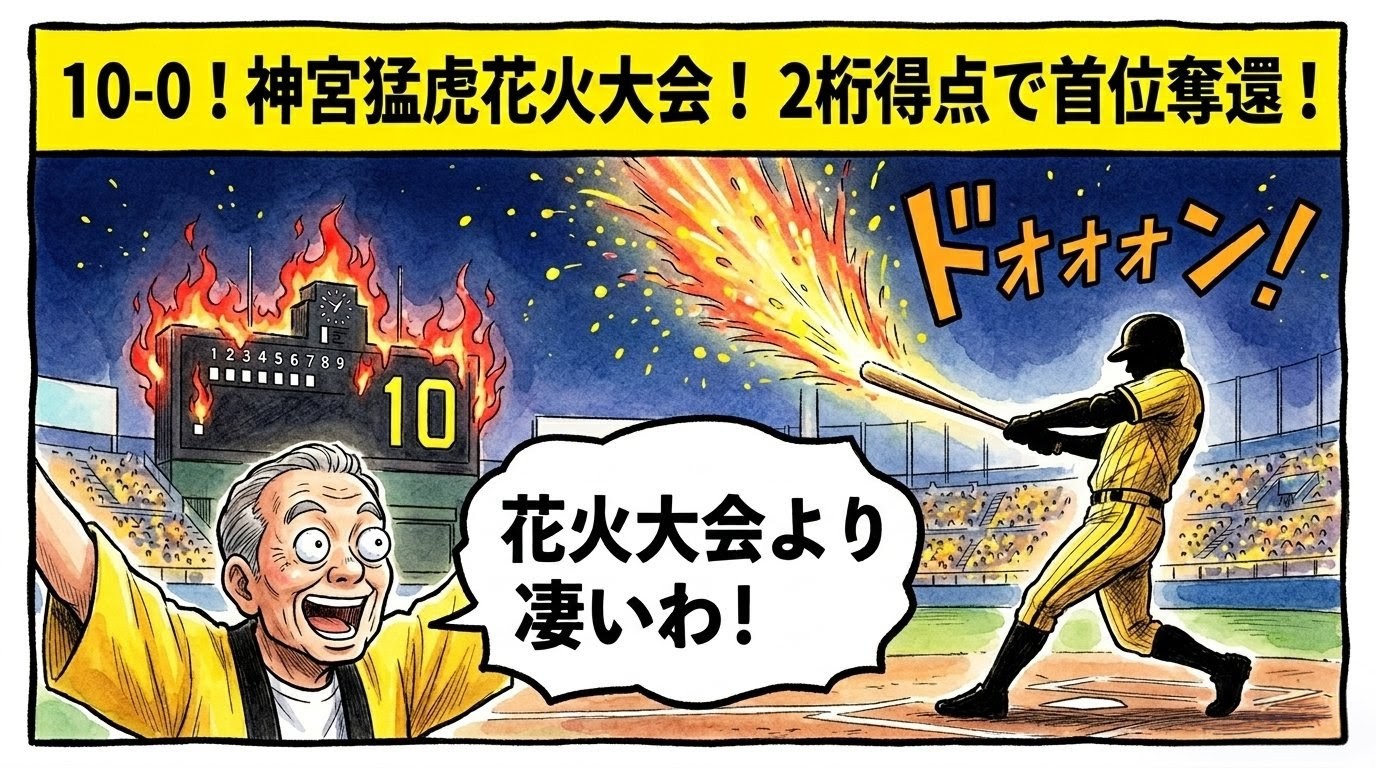 夜のスタジアムで、スコアボードの「10点」が炎上し、バットから火柱を上げる打者を見て驚喜する虎党お父ちゃんの1コマ漫画風イラスト。最上部に「10-0！神宮猛虎花火大会！ 2桁得点で首位奪還！」という極太の黄色いデカ文字バナー入り。16:9。