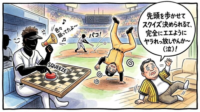 ベンチから「スクイズ」のボタンを押して不敵に笑う指揮官のシルエットと、マウンド上で白目を剥いてひっくり返る投手のシルエット。それと完全にシンクロしてリビングの床で白目を剥いて大ズッコケしている黄色い法被姿のお父ちゃんを描いた、温かみのある水彩・色鉛筆風の一コマ漫画。16:9。ロゴなし。