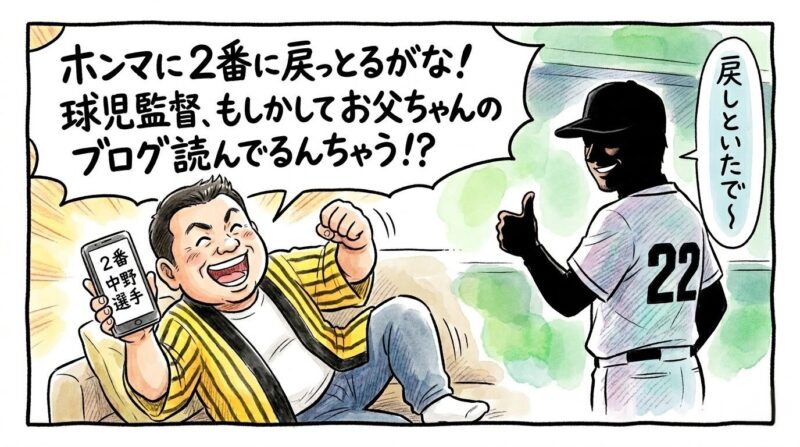 スマホのスタメン発表を見ながら「球児監督、お父ちゃんのブログ読んでるんちゃう!?」と大喜びする黄色い法被姿のお父ちゃんと、背景でニヤリと親指を立てる監督のシルエットを描いた、温かみのある水彩・色鉛筆風の一コマ漫画。16:9。