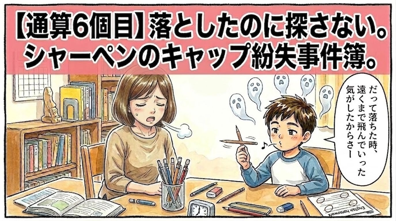 「【通算6個目】落としたのに探さない。シャーペンのキャップ紛失事件簿。」のデカ文字。キャップのないシャーペンが並ぶペン立てを悲しげに見つめるボブヘアの母と、後ろで悪びれず鉛筆を回す息子のコミカルで切ない一コマ漫画。16:9。ロゴなし。