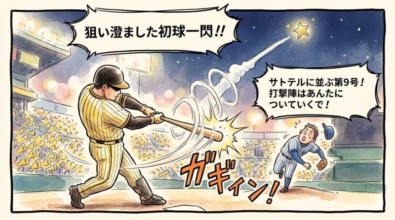 豪快なスイングで衝撃波を出す打者と、驚いてのけぞる投手の1コマ漫画。打球は星になって空へ飛んでいる。温かみのある水彩・色鉛筆風イラスト。16:9。ロゴなし。