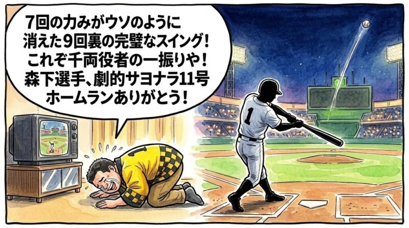 力みの抜けた美しいスイングでサヨナラホームランを放つ打者のシルエットと、それを見ながらリビングの床にひれ伏して「これぞ千両役者！」と大感激で拝む黄色い法被姿のお父ちゃんを描いた、温かみのある水彩・色鉛筆風の一コマ漫画。16:9。