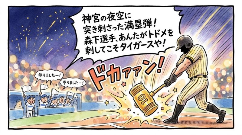 黄色と黒のユニフォームを着た打者が「10」と書かれた巨大なハンマーを振り下ろし、青いベンチが白旗を上げている、温かみのある水彩・色鉛筆風の一コマ漫画。「トドメを刺してこそタイガースや！」というセリフ入り。16:9。