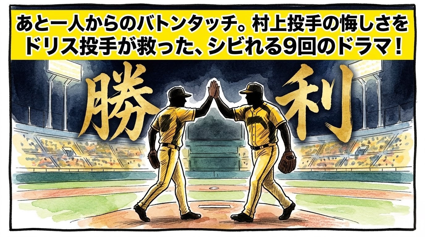 夜の球場のマウンドで、黄色と黒のユニフォームを着た二人の投手のシルエットがすれ違いざまにガッチリとハイタッチを交わす一コマ漫画風イラスト。背景に大きく「勝利」の文字、最上部には黄色の極太バナーで「あと一人からのバトンタッチ。村上投手の悔しさをドリス投手が救った、シビれる9回のドラマ！」のデカ文字入り。16:9。