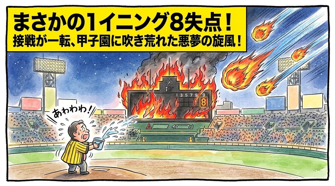 9回表の得点欄が炎上するスコアボード。小さなバケツで消火しようとするお父ちゃんと、飛んでくる青い火の玉を描いた1コマ漫画風アイキャッチ。「1イニング8失点の悪夢」という巨大なデカ文字入り。16:9。ロゴなし。