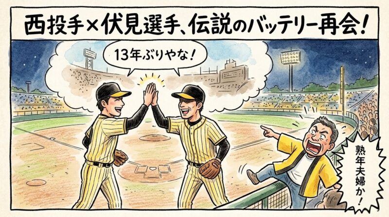 「熟年夫婦か！」というツッコミが入った1コマ漫画。13年ぶりにバッテリーを組んだ西勇輝投手と伏見選手がハイタッチし、それを見てお父ちゃんが笑っている。温かみのある水彩・色鉛筆風。16:9。ロゴなし。