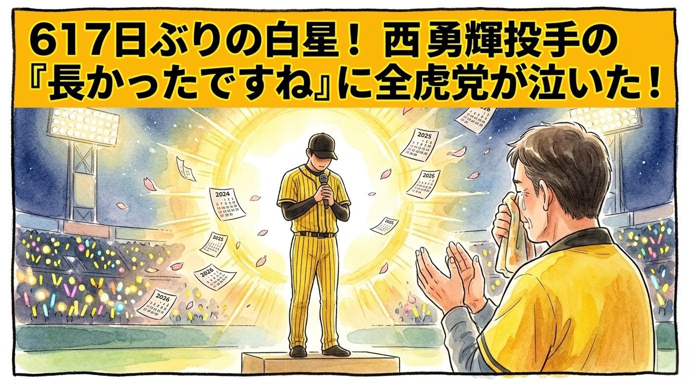 「617日ぶりの白星！」という巨大なデカ文字。ヒーローインタビューでマイクを持つ投手のシルエットと、舞い散るカレンダーのページ、そして泣きながら拍手するお父ちゃんの1コマ漫画。温かい水彩・色鉛筆風。16:9。ロゴなし。