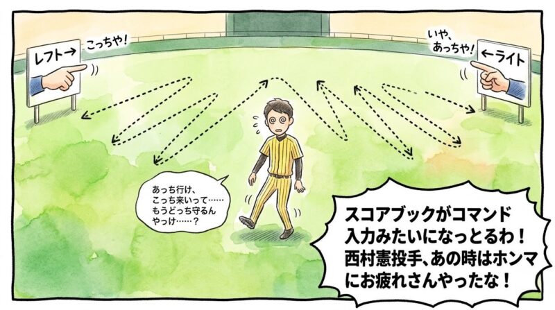 黄色と黒のユニフォームの投手がレフトとライトの間で目を回して右往左往している、温かみのある水彩・色鉛筆風の一コマ漫画。「スコアブックがコマンド入力みたいになっとるわ！」というセリフ入り。16:9。