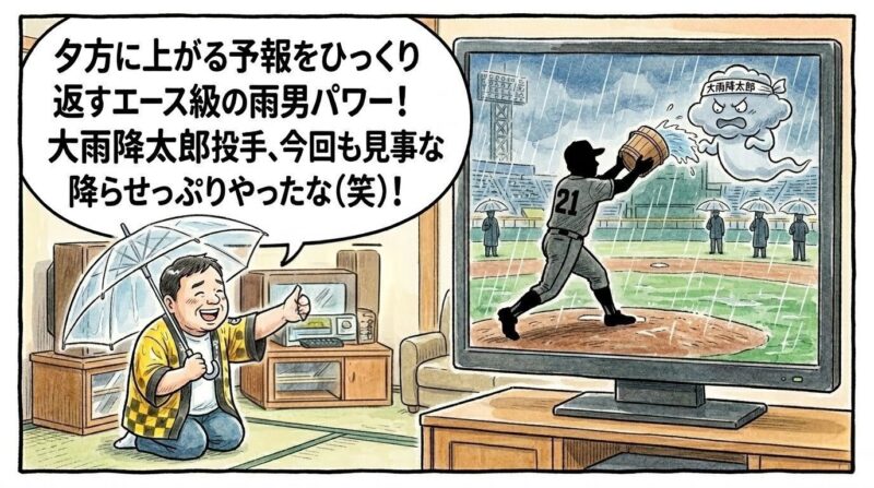 マウンドで巨大なバケツの水を空にぶちまけて雨雲のゴーストに変える投手のシルエットと、それを見ながらリビングで傘を差して「あんたの仕業か（笑）！」とツッコミを入れる黄色い法被姿のお父ちゃんを描いた、温かみのある水彩・色鉛筆風の一コマ漫画。16:9。