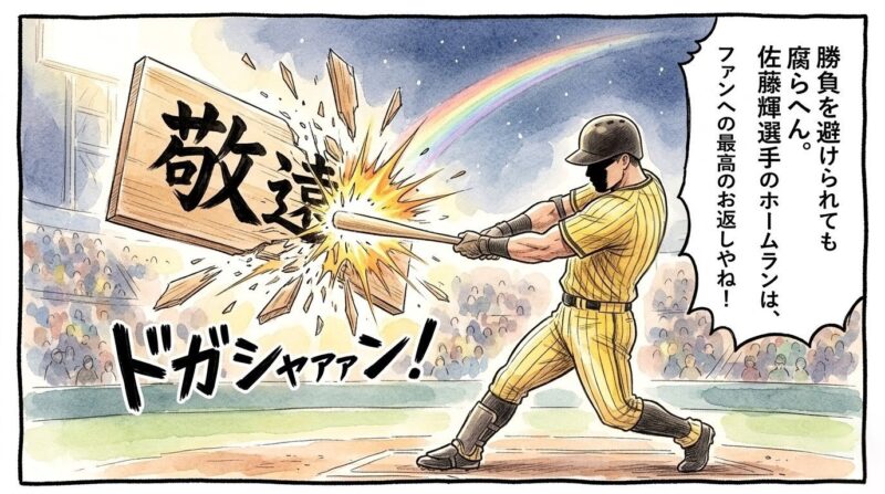 「敬遠」と書かれた木製看板をフルスイングで粉砕するバッター。佐藤輝選手の4番としての意地を表現した、温かみのある水彩・色鉛筆風の一コマ漫画。16:9。ロゴなし。