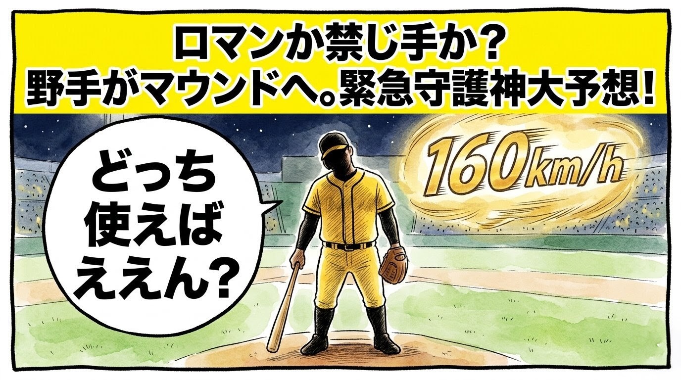 マウンドでバットとグローブを持って「どっち使えばええん？」と悩む、黄色と黒のユニフォームを着た大柄な選手のシルエット。上部に黄色いバナーで「野手がマウンドへ。緊急守護神大予想！」のデカ文字。16:9。