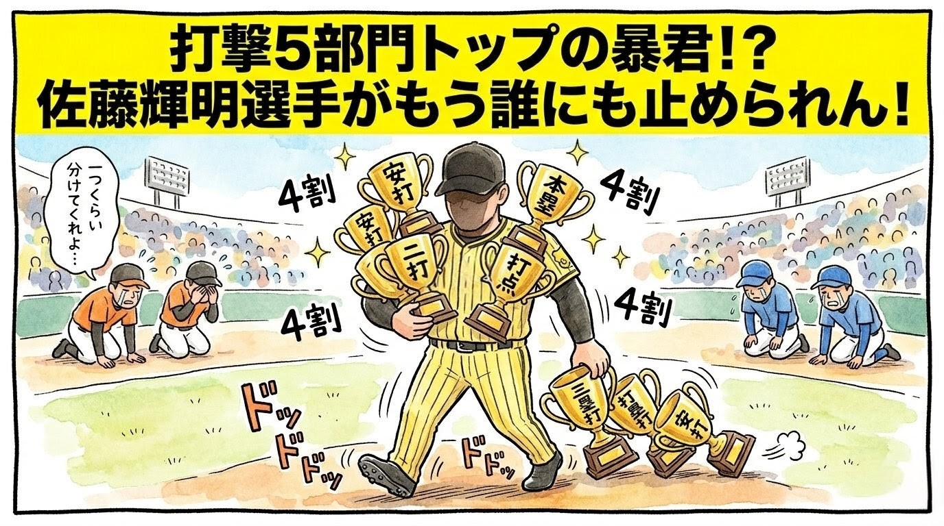 「打撃5部門トップの暴君！？」という巨大なデカ文字。安打・本塁打・打点などのトロフィーを山ほど抱えて歩く黄色いユニフォームの選手と、後ろで泣いている他球団の選手の1コマ漫画。温かみのある水彩・色鉛筆風。16:9。ロゴなし。