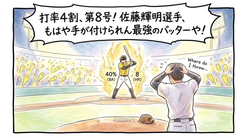 「打率4割、第8号！最強のバッターや！」というセリフ。黄金のオーラを纏ってバッターボックスに立つ左打者と、マウンドで頭を抱える投手の1コマ漫画。温かみのある水彩・色鉛筆風。16:9。ロゴなし。

コミカルな漫画にしたい。
