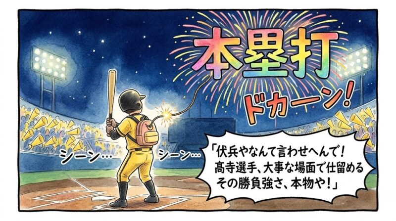 バッターボックスで静かに構える選手の背中のリュックから、「本塁打」という巨大な文字の花火が飛び出している1コマ漫画。温かみのある水彩・色鉛筆風イラスト。16:9。ロゴなし。