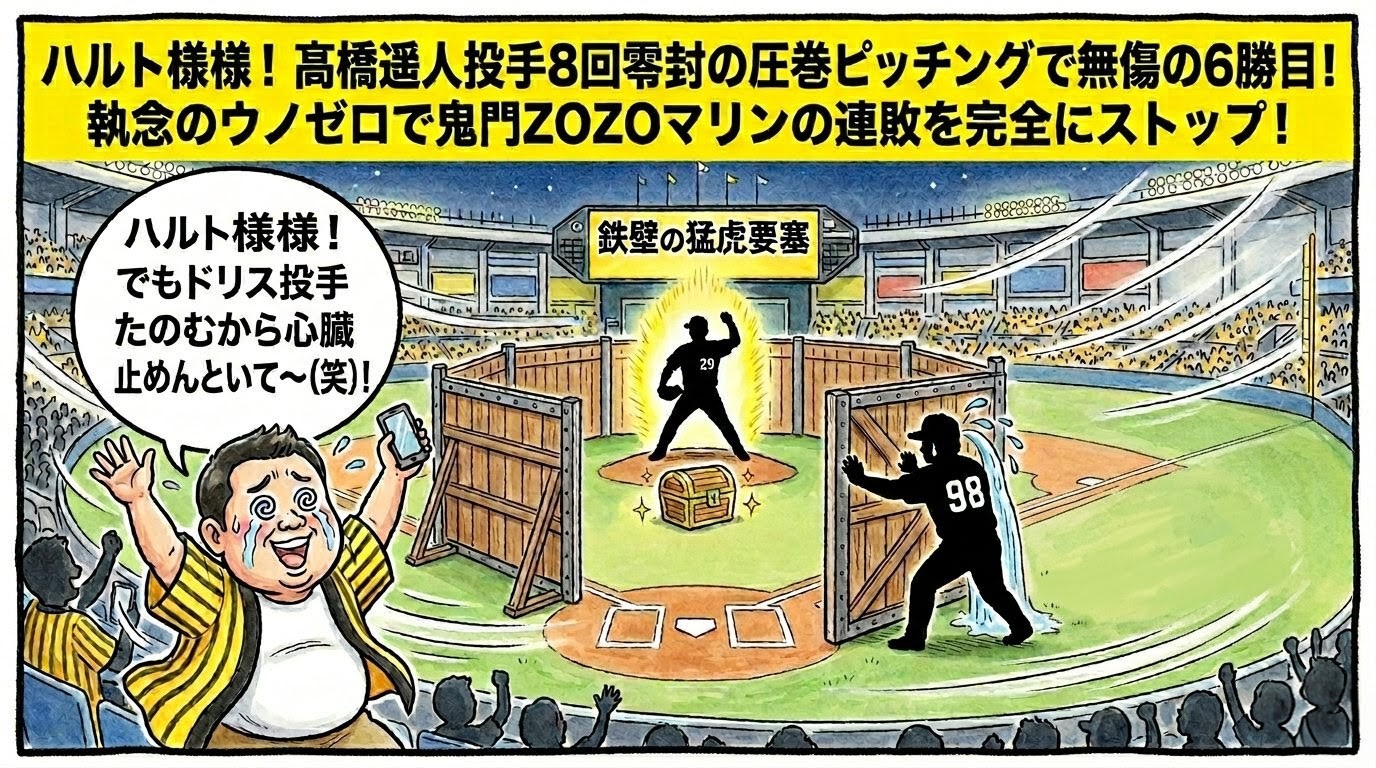 ZOZOマリンスタジアムで「1点」と書かれた黄金の宝箱を要塞の中で死守する髙橋遥人投手のシルエットと、9回裏に冷や汗を流して門を閉めるドリス投手、爆速ダッシュでアウトにする熊谷敬宥選手のシルエット。それを見ながらスタンドで嬉し涙と冷や汗を流してバンザイする黄色い法被姿のお父ちゃんを描いた一コマ漫画風イラスト。最上部に黄色い極太バナーで「ハルト様様！」のデカ文字入り。16:9。ロゴなし。