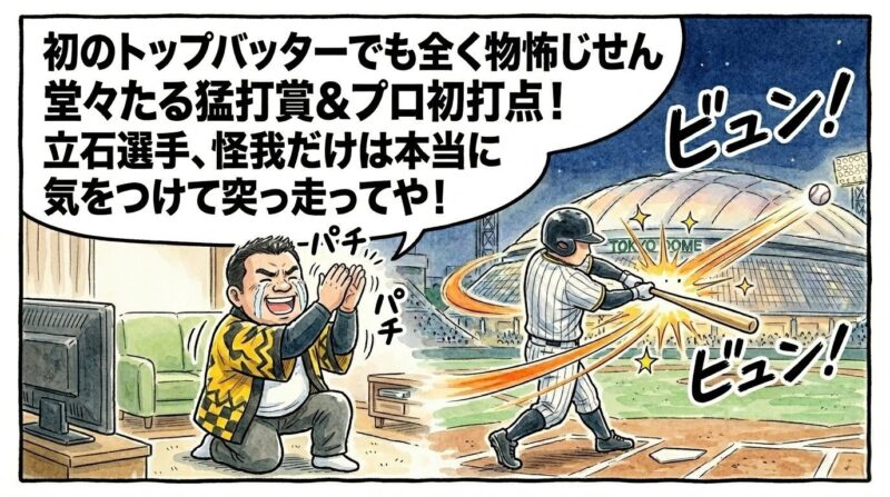 初のトップバッター起用で初球を豪快にフルスイングしてタイムリーを放つ打者のシルエットと、それを見ながらリビングのテレビの前で涙を流して激しく拍手喝采を送る黄色い法被姿のお父ちゃんを描いた、温かみのある水彩・色鉛筆風の一コマ漫画。16:9。