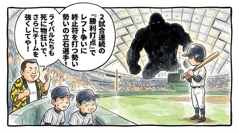 スタジアムのレフトに巨大な大怪獣のような影を背負って仁王立ちする打者のシルエットと、それを見て物陰からガタガタと激しく震えながら覗き込む若きライバル選手たち、そして彼らを「負けじと這い上がれ!」と応援する黄色い法被姿のお父ちゃんを描いた、温かみのある水彩・色鉛筆風の一コマ漫画。16:9。