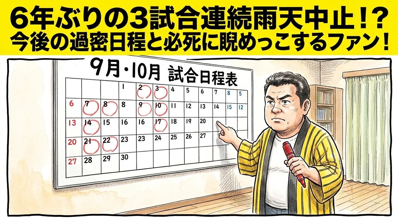 手書きイラスト風の一コマ漫画で表現されたブログアイキャッチ画像。画面最上部には鮮やかな黄色の極太バナーが横いっぱいに配置され、その上に黒の縁取りをした極太の黒文字で「６年ぶりの３試合連続雨天中止！？今後の過密日程と必死に睨めっこするファン！」というデカ文字が配置されている。少し引いた構図の部屋の中が舞台で、壁には手書きの日本語で「９月・１０月 試合日程表」と大きく書かれた巨大なカレンダーが掛けられており、あちこちに赤ペンで丸印が書き込まれている。手前では、黄色と黒のストライプ柄の法被を着た恰幅の良い男性（大阪のおっちゃん風、メガネなし）が、ズッコケポーズや応援ハリセンの描写を完全に封印し、片手に太い赤のマジックペンを持ちながら、大真面目な顔で直立した姿勢のままカレンダーの空白部分を真剣に指差し、今後の振替スケジュールを必死に分析している姿が描かれている。温かみのある水彩絵の具の滲みと色鉛筆の繊細な斜線タッチの質感。全体を囲むマジックペン風のわざと不揃いで太い黒い線のコマ枠。漫符マークは一切なし。アスペクト比16:9。
