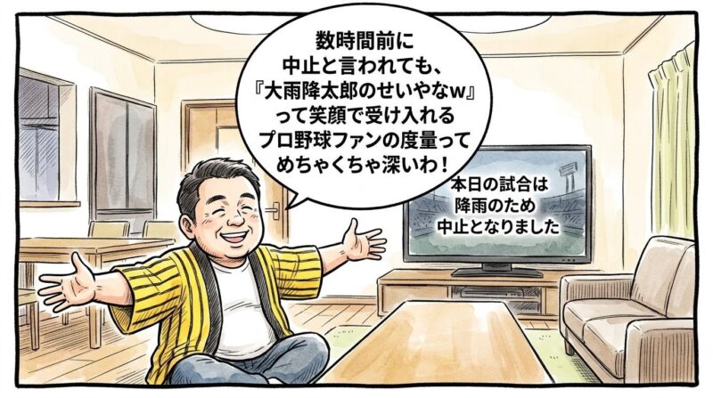 テレビに表示された「雨天中止」のテロップを見ながら、黄色と黒のストライプ柄の法被を着た恰幅の良いお父ちゃんが、「野球ファンの心の広さは凄いわ！」と両手を大きく左右に広げて豪快に感心している姿を描いた、温かみのある手書き風の一コマ漫画。少し引いた構図のリビングルームが舞台。