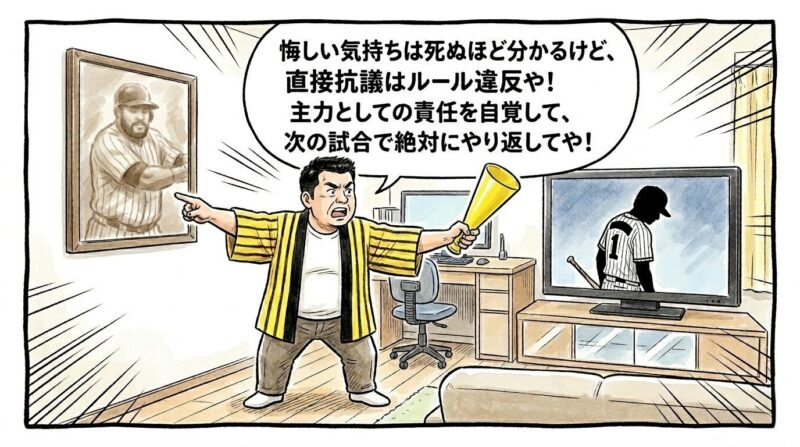 テレビに映る、眞鍋球審への暴言行為で退場処分となりバットを持ってうなだれて下がる森下翔太選手のシルエット。壁に貼られた2010年のブラゼル選手の退場肖像画の横で、「悔しい気持ちは分かるが直接抗議はルール違反や、次で取り返せ！」と熱いゲキを飛ばす黄色い法被姿のお父ちゃんを描いた温かみのある一コマ漫画。16:9。ロゴなし。