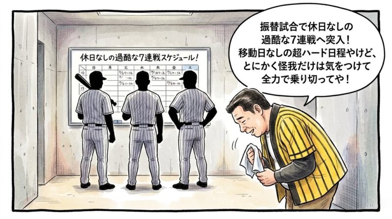 球場のベンチ裏で「休日なしの過酷な7連戦！」の日程表をじっと見つめる選手たちのシルエット。その手前で、白いハンカチを手に「とにかく怪我だけは気をつけて乗り切ってや！」と深々とお辞儀をして熱いエールを送る黄色い法被姿のお父ちゃんを描いた温かみのある一コマ漫画。16:9。ロゴなし。