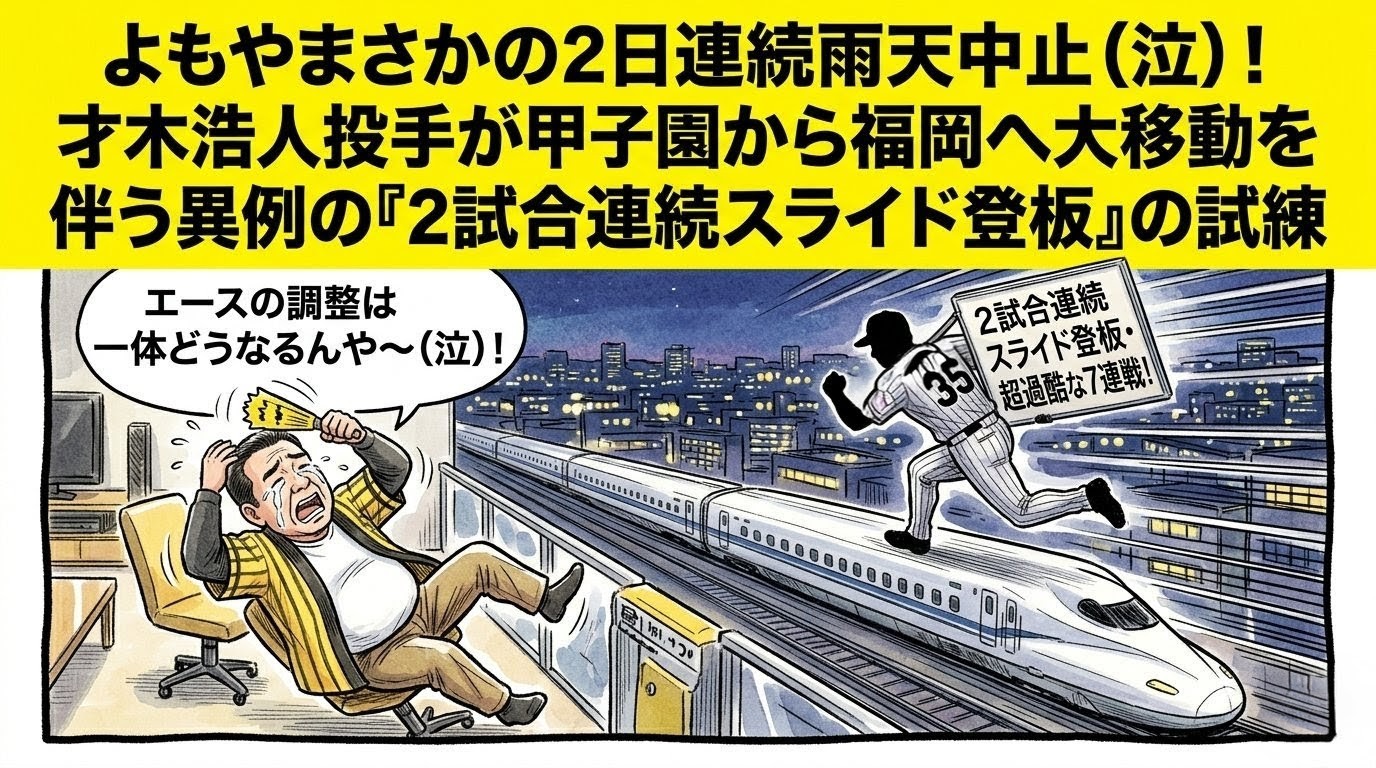 巨大な「2試合連続スライド登板」の日程表を背負い、夜景を走る新幹線の屋根の上を猛スピードで福岡へ走る才木浩人投手のシルエット。それを見ながら手前でハリセンを頭に当てて大涙を流し、椅子から床へ大ズッコケしてひっくり返る黄色い法被姿のお父ちゃんを描いた一コマ漫画風イラスト。最上部に黄色い極太バナーでデカ文字入り。16:9。ロゴなし。