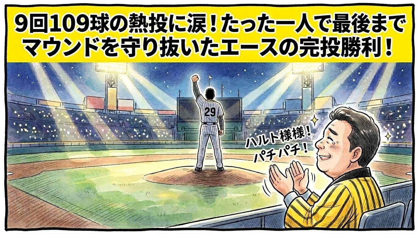 手書きイラスト風の一コマ漫画で表現されたブログアイキャッチ画像。画面最上部には鮮やかな黄色の極太バナーが横いっぱいに配置され、その上に黒の縁取りをした極太の黒文字で「9回109球の熱投に涙！たった一人で最後までマウンドを守り抜いたエースの完投勝利！」というデカ文字が配置されている。少し引いた構図の夜の野球場で、美しいカクテル光線がグラウンドを照らす中、マウンドの上では背番号「29」風の縦縞ユニフォーム（ロゴなし）を着た投手のシルエットが、試合終了の瞬間に歓喜のグラブを夜空高く掲げている感動的な後ろ姿が描かれている。手前では、黄色と黒のストライプ柄の法被を着た恰幅の良い男性（大阪のおっちゃん風、メガネなし）が、感動で胸を熱くしながら静かにその背中を見つめて温かい拍手を送っている。