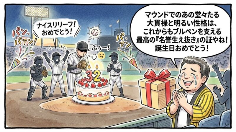ZOZOマリンスタジアムのマウンドで「32」の巨大な誕生日ケーキのロウソクを吹き消す畠投手のシルエットと、クラッカーを鳴らして祝福する仲間たちのシルエット。それを見ながらスタンドで涙を流してプレゼントの箱を掲げる黄色い法被姿のお父ちゃんを描いた、温かみのある水彩・色鉛筆風の一コマ漫画。16:9。ロゴなし。