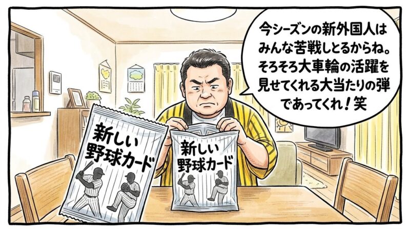 部屋の中に置かれた木目のテーブルに向かって立ち、黄色と黒のストライプ柄の法被を着た恰幅の良いお父ちゃんが、両手で「新しい野球カード」と大きく手書きされたパッケージ袋を丁寧に広げ、その中身を大真面目な顔でじーっと覗き込んでいる姿を描いた、温かみのある手書き風の一コマ漫画。少し引いた構図の室内が舞台。