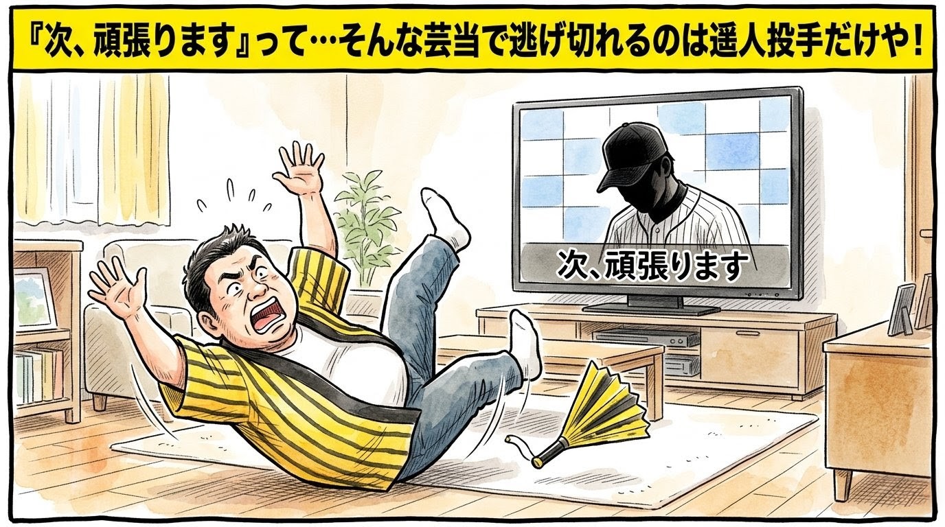 手書きイラスト風の一コマ漫画で表現されたブログアイキャッチ画像。画面最上部には鮮やかな黄色の極太バナーが横いっぱいに配置され、その上に黒の縁取りをした極太の黒文字で「『次、頑張ります』って…そんな芸当で逃げ切れるのは遥人投手だけや！」というデカ文字が配置されている。少し引いた構図のリビングルームが舞台で、黄色と黒のストライプ柄の法被を着た恰幅の良い男性（大阪のおっちゃん風、メガネなし）が、テレビ画面に映る投手のシルエットに向かって豪快にズッコケながら突っ込みを入れている姿が描かれている。テレビ画面の中には、ロゴなしのユニフォームを着て帽子を深く被った投手のシルエットと、「次、頑張ります」という日本語のテロップが映し出されている。温かみのある水彩絵の具の滲みと色鉛筆の繊細な斜線タッチの質感。