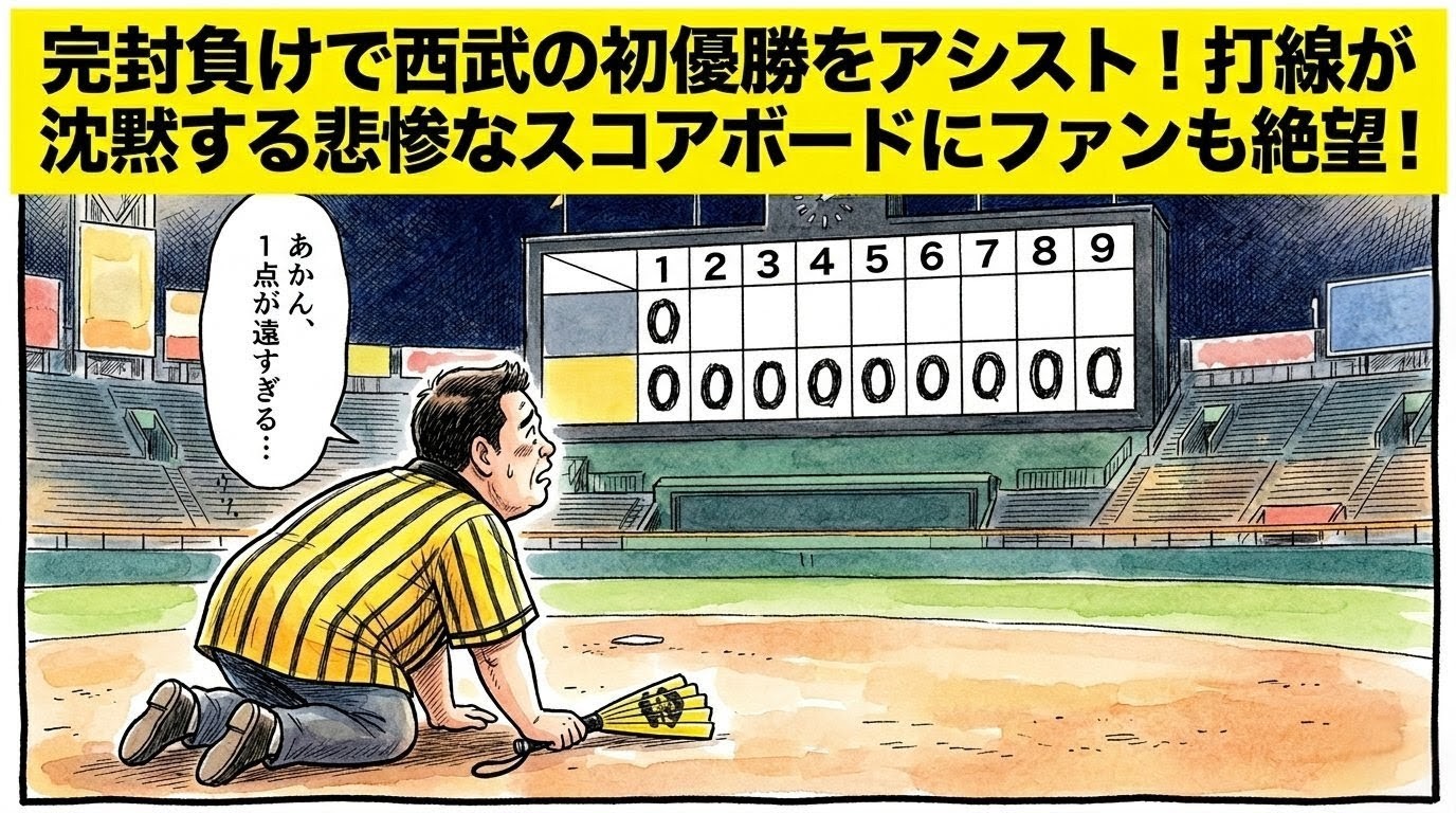 手書きイラスト風の一コマ漫画で表現されたブログアイキャッチ画像。画面最上部には鮮やかな黄色の極太バナーが横いっぱいに配置され、その上に黒の縁取りをした極太の黒文字で「完封負けで西武の初優勝をアシスト！打線が沈黙する悲惨なスコアボードにファンも絶望！」というデカ文字が配置されている。少し引いた構図の球場グラウンドで、背景には巨大なバックスクリーンがあり、スコアボードのマス目に「0」という数字が1回から9回までズラリと悲しく並んでいる。手前左側では、黄色と黒のストライプ柄の法被を着た恰幅の良い男性（大阪のおっちゃん風、メガネなし）が、その「0」の羅列を見上げてショックを受け、両膝を地面についてガックリと両手を地面につけて崩れ落ちている。温かみのある水彩絵の具の滲みと色鉛筆の繊細な斜線タッチの質感。全体を囲むマジックペン風のわざと不揃いで太い黒い線のコマ枠。