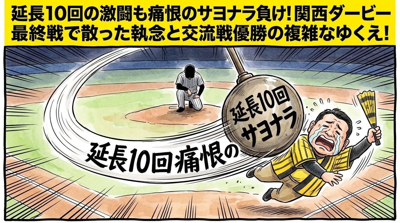 手書きイラスト風の一コマ漫画。上部に黄色い極太バナーと「延長10回の激闘も痛恨のサヨナラ負け！関西ダービー最終戦で散った執念と交流戦優勝の複雑なゆくえ！」という極太のデカ文字。少し引いた構図のグラウンドで、画面中央奥にはロゴなしの縦じまユニフォームを着た投手のシルエットがマウンドでがっくり膝をついている。上空からは「延長10回痛恨のサヨナラ」と書かれた古時計の巨大な振り子が揺れてきており、手前では黄色と黒のストライプ柄の法被を着た恰幅の良い男性がその振り子にぶつかられ、ハリセンを放り出し大粒の涙を流しながら画面端へ向かって豪快に吹っ飛ばされてズッコケている。温かみのある水彩と色鉛筆の質感。