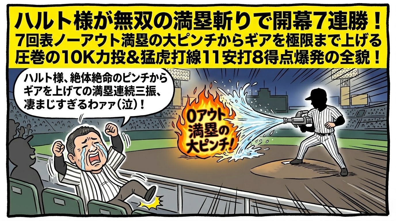 甲子園球場で「0アウト満塁の大ピンチ」と書かれた燃え盛る炎のキャラクターを、左腕の巨大な水鉄砲から放つ光の水流で豪快に消火する髙橋遥人投手のシルエット。それを見てスタンドで大涙を流してハリセンを叩き、椅子から大ズッコケする黄色い法被姿のお父ちゃんを描いた一コマ漫画風イラスト。最上部に黄色い極太バナーでデカ文字入り。16:9。