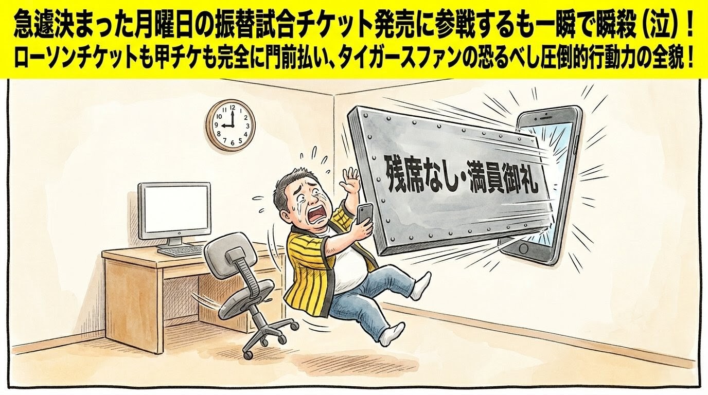 夜21時にスマホ画面から飛び出してきた「残席なし・満員御礼」の巨大な鋼鉄の扉に激突し、ハリセンを放り投げて椅子から床へ大ズッコケしてひっくり返る黄色い法被姿のお父ちゃんを描いた一コマ漫画風イラスト。最上部に黄色い極太バナーでデカ文字入り。16:9。ロゴなし。