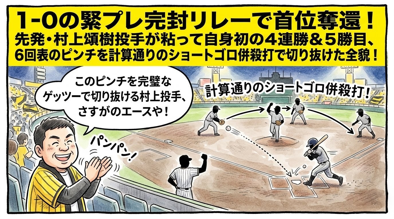 甲子園球場で1死1、2塁のピンチから「計算通りのショートゴロ併殺打！」を完成させてガッツポーズする村上頌樹投手のシルエットと、ショート・セカンド・ファーストの内野連携シルエット。それを見ながらスタンドで笑顔でハリセンを叩き「さすがのエースや！」と絶賛する黄色い法被姿のお父ちゃんを描いた一コマ漫画風イラスト。最上部に黄色い極太バナーでデカ文字入り。16:9。ロゴなし。