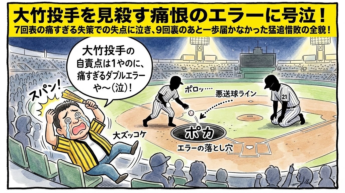 甲子園球場で「ポカ」と書かれた巨大な落とし穴にボールを落として悪送球するショートのシルエットと、自責点1ながらうなだれる大竹耕太郎投手のシルエット。それを見てスタンドでハリセンを頭に当てて涙を流し、白目を剥いて大ズッコケする黄色い法被姿のお父ちゃんを描いた一コマ漫画風イラスト。最上部に黄色い極太バナーでデカ文字入り。16:9。ロゴなし。