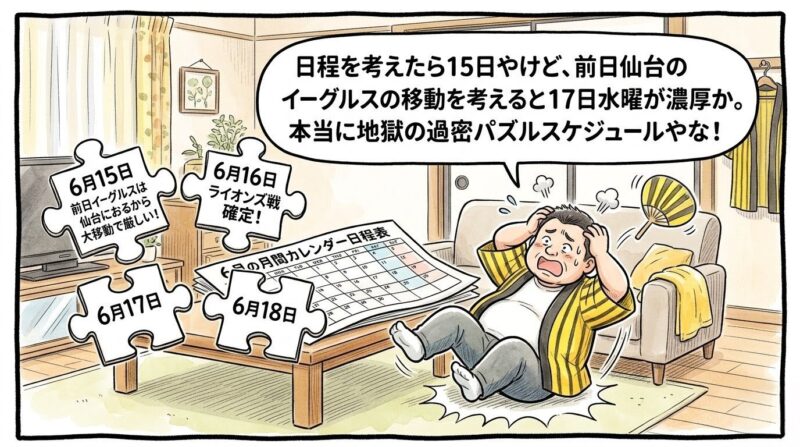 リビングの机の上で「ライオンズ戦確定！」「前日イーグルスは仙台におるから大移動で厳しい！」と書かれた6月15日から18日の日程パズルピースとカレンダーを前に、頭を抱えて床に大ズッコケしてひっくり返る黄色い法被姿のお父ちゃんを描いた温かみのある一コマ漫画。16:9。ロゴなし。