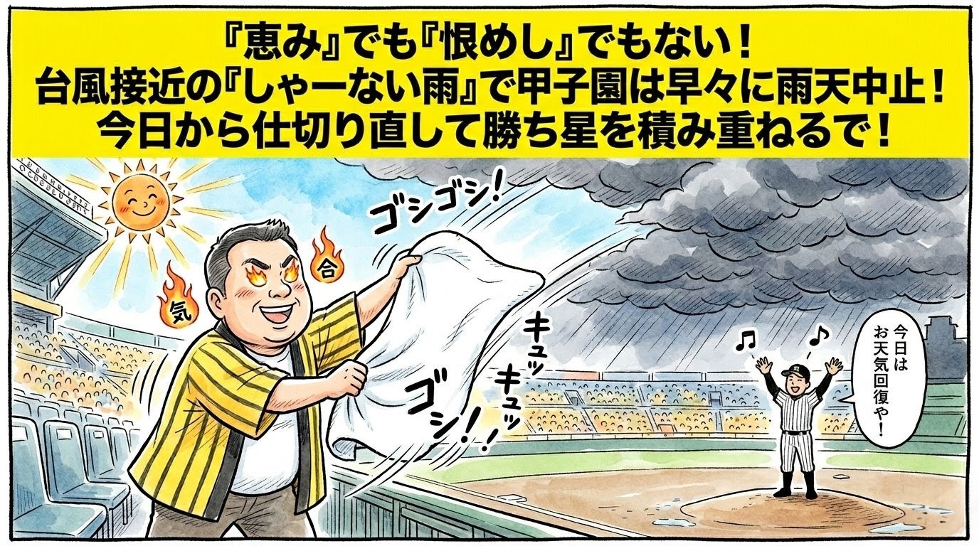 台風の真っ黒な雨雲を巨大な白いタオルでゴシゴシと豪快に拭き取り、ニコニコ笑う太陽のキャラクターと青空を引っ張り出す黄色い法被姿のお父ちゃん。それを見ながら、乾いた甲子園のマウンドで「今日はお天気回復や！」と両手を挙げて喜ぶ大竹耕太郎投手のシルエットを描いた一コマ漫画風イラスト。最上部に黄色い極太バナーでデカ文字入り。16:9。ロゴなし。