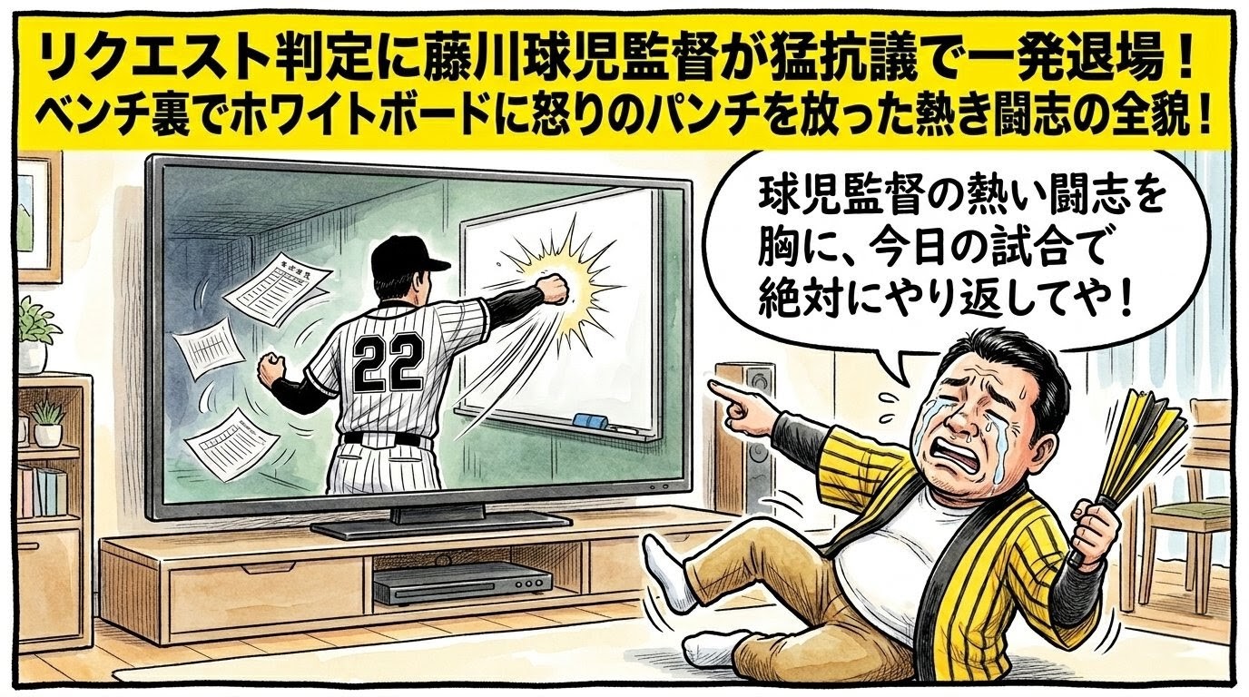 手書きイラスト風の一コマ漫画。上部に黄色いバナーと極太のデカ文字。テレビ画面の中には、PayPayドームのベンチ裏で「アウト」の判定に悔しさをにじませ、ホワイトボードに怒りのパンチを繰り出して引き揚げる藤川球児監督のシルエット。テレビの前では、黄色と黒のストライプ柄の法被を着た恰幅の良いお父ちゃんが、ハリセンを握りしめ「監督は身を挺して闘志を示してくれた！」と大涙を流して床へ仰向けに派手に大ズッコケしてひっくり返っている。温かみのある水彩と色鉛筆の質感。
