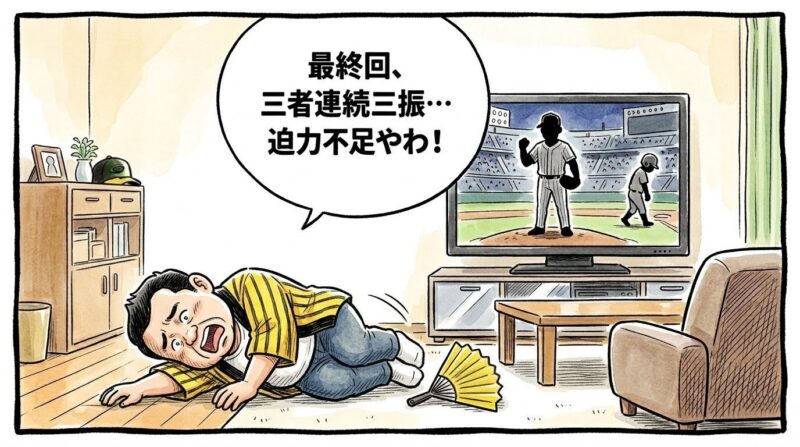 テレビに映る野球中継の最終回で、味方の打者陣が三者連続三振を喫した瞬間に大ショックを受け、黄色と黒のストライプ柄の法被を着て床の上へ豪快に後ろ向きにズッコケている恰幅の良いお父ちゃんを描いた、温かみのある手書き風の一コマ漫画。テレビ画面の中には、ロゴなしのユニフォームを着た相手チームの守護神である投手のシルエットと、バッターボックスで力なくうつむく打者のシルエットが映し出されている。