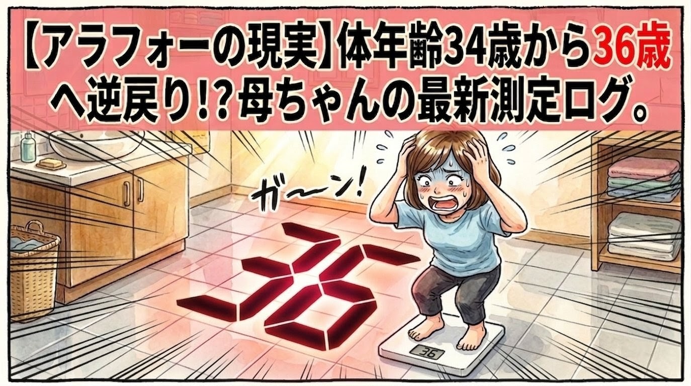 「【アラフォーの現実】体年齢34歳から36歳へ逆戻り！？母ちゃんの最新測定ログ。」のデカ文字。洗面所で体重計の「36歳」という表示を見てコミカルに頭を抱えるボブヘアの母親のイラスト。16:9。ロゴなし。