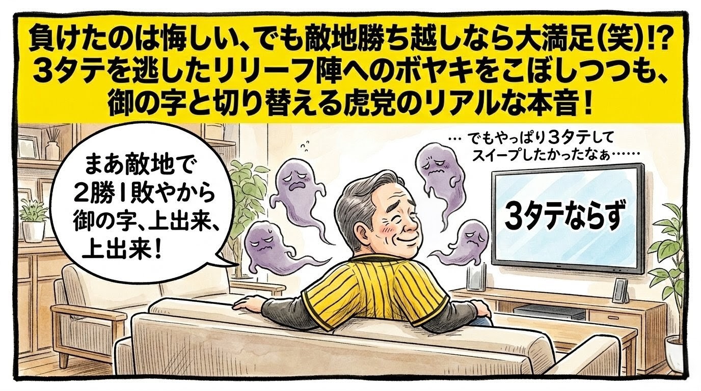 リビングの清潔なベージュのソファーで、黄色と黒の法被を着たお父ちゃんが「2勝1敗なら御の字」と笑顔で自分に言い聞かせつつ、背中から「3タテしたかった」という薄紫色の未練の影を出しながら、テレビの「3タテならず」の画面を振り返って見つめている一コマ漫画風イラスト。最上部に黄色い極太バナーでデカ文字入り。16:9。ロゴなし。