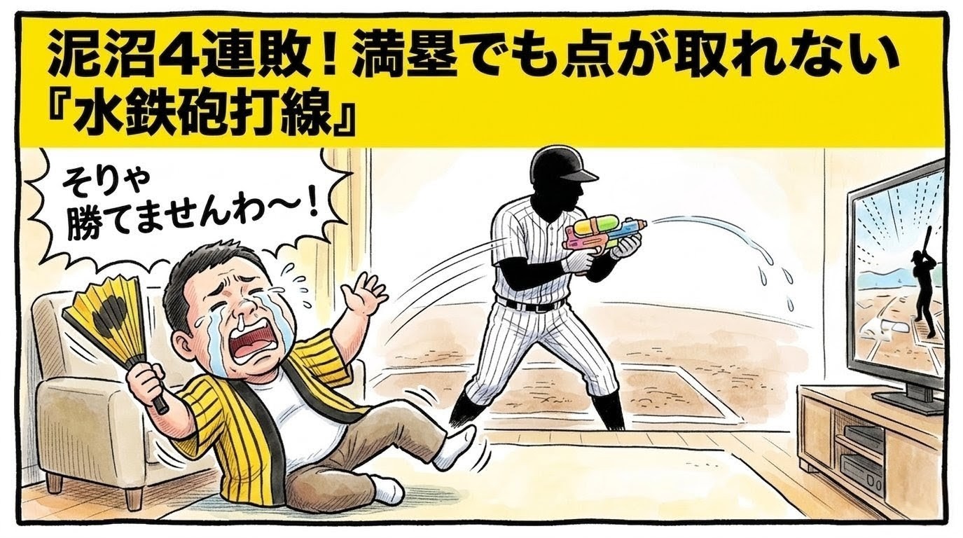 手書きイラスト風の一コマ漫画。上部に黄色い極太バナーと「泥沼4連敗！満塁でも点が取れない『水鉄砲打線』にお父ちゃん大ズッコケ！」という極太のデカ文字。少し引いた構図のリビングルームで、画面中央にはロゴなしの縦縞ユニフォームを着た打者のシルエットがバットの代わりに「おもちゃの水鉄砲」を握り、銃口からチョロチョロと頼りない水を出している。手前左側では、黄色と黒のストライプ柄の法被を着た恰幅の良いお父ちゃんがハリセンを握りしめ、大粒の涙を流して叫びながら、椅子から後ろへ派手に大ズッコケして仰向けにひっくり返っている。温かみのある水彩と色鉛筆の質感。太く不揃いなマジックペン風のコマ枠。