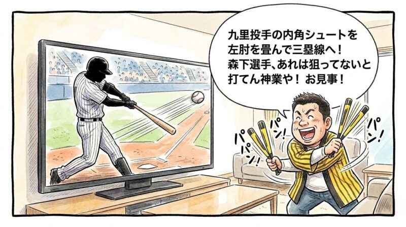 リビングのテレビに映る試合中継を前に、黄色と黒のストライプ柄の法被を着た恰幅の良いお父ちゃんが「狙ってないと打てん神業や！」と大興奮で応援ハリセンを叩いて大喜びしている。テレビ画面の中には、バッターボックスで内角の球に対して鋭く左肘を折り畳みながら完璧なスイングでバットを振り抜く、ロゴなしの縦じまユニフォームを着た森下翔太選手風の打者のシルエットと、三塁線へ鋭く飛んでいく白球の軌道が描かれている。温かみのある水彩と色鉛筆の質感。