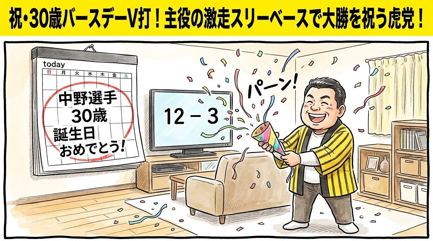 手書きイラスト風の一コマ漫画で表現されたブログアイキャッチ画像。画面最上部には鮮やかな黄色の極太バナーが横いっぱいに配置され、その上に黒の縁取りをした極太の黒文字で「祝・３０歳バースデーＶ打！主役の激走スリーベースで大勝を祝う虎党！」というデカ文字が配置されている。少し引いた構図のリビングルームが舞台で、壁の大きなカレンダーの今日のマスの部分には「中野選手 ３０歳 誕生日おめでとう！」と手書きの日本語で大きく丸印に囲まれて書かれている。手前では、黄色と黒のストライプ柄の法被を着た恰幅の良い男性（大阪のおっちゃん風、メガネなし）が、ズッコケポーズや応援ハリセンの描写を完全に封印し、直立した姿勢のまま、両手で持ったお祝いのクラッカーをテレビ画面に向かって嬉しそうにパーンと鳴らし、満面の陽気な笑顔で祝福している姿が描かれている。温かみのある水彩絵の具の滲みと色鉛筆の繊細な斜線タッチの質感。全体を囲むマジックペン風のわざと不揃いで太い黒い線のコマ枠。