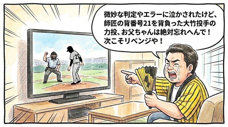 テレビの前で、黄色と黒のストライプ柄の法被を着たお父ちゃんが、応援ハリセンを握りしめて涙を流しながら熱く応援している。テレビ画面の中には、背番号「21」のユニフォームを着た投手のシルエットが、4回裏のマウンドで低めに素晴らしい変化球を投げ込むも、球審から「ボール」のジェスチャーをされてガックリ肩を落としている姿と、柳田悠岐選手にソロ本塁打を浴びた点線の弾道ラインが描かれている。16:9の手書きイラスト風の一コマ漫画。